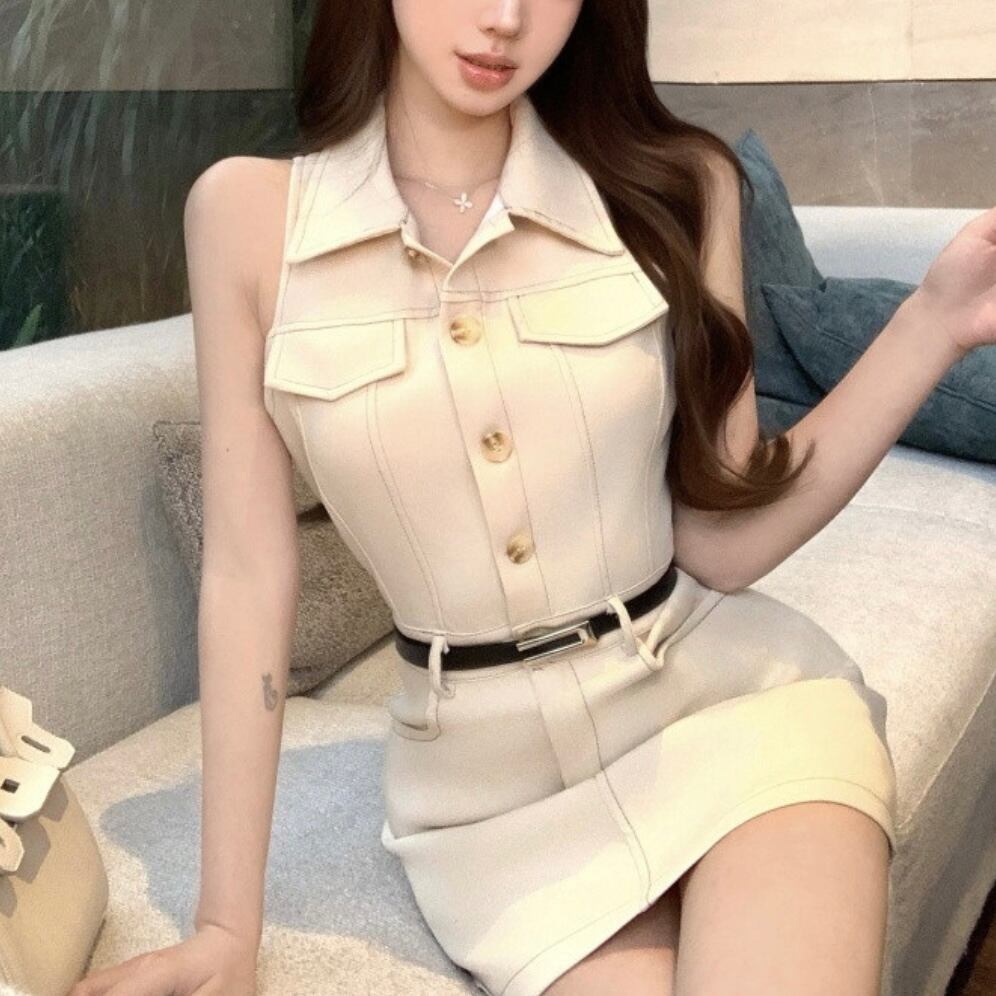 ベルトセットボタンカラーワンピース