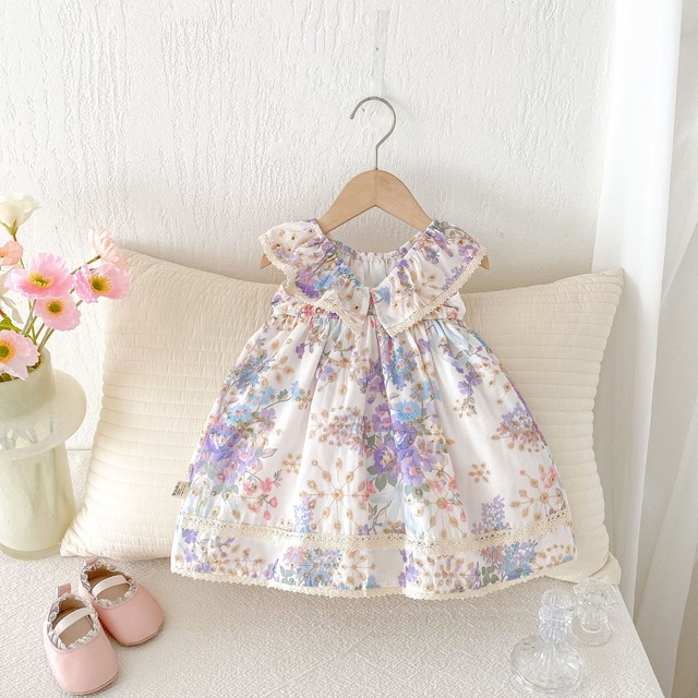 【BABY】ラベンダー小花柄フリルノースリーブワンピース - 6