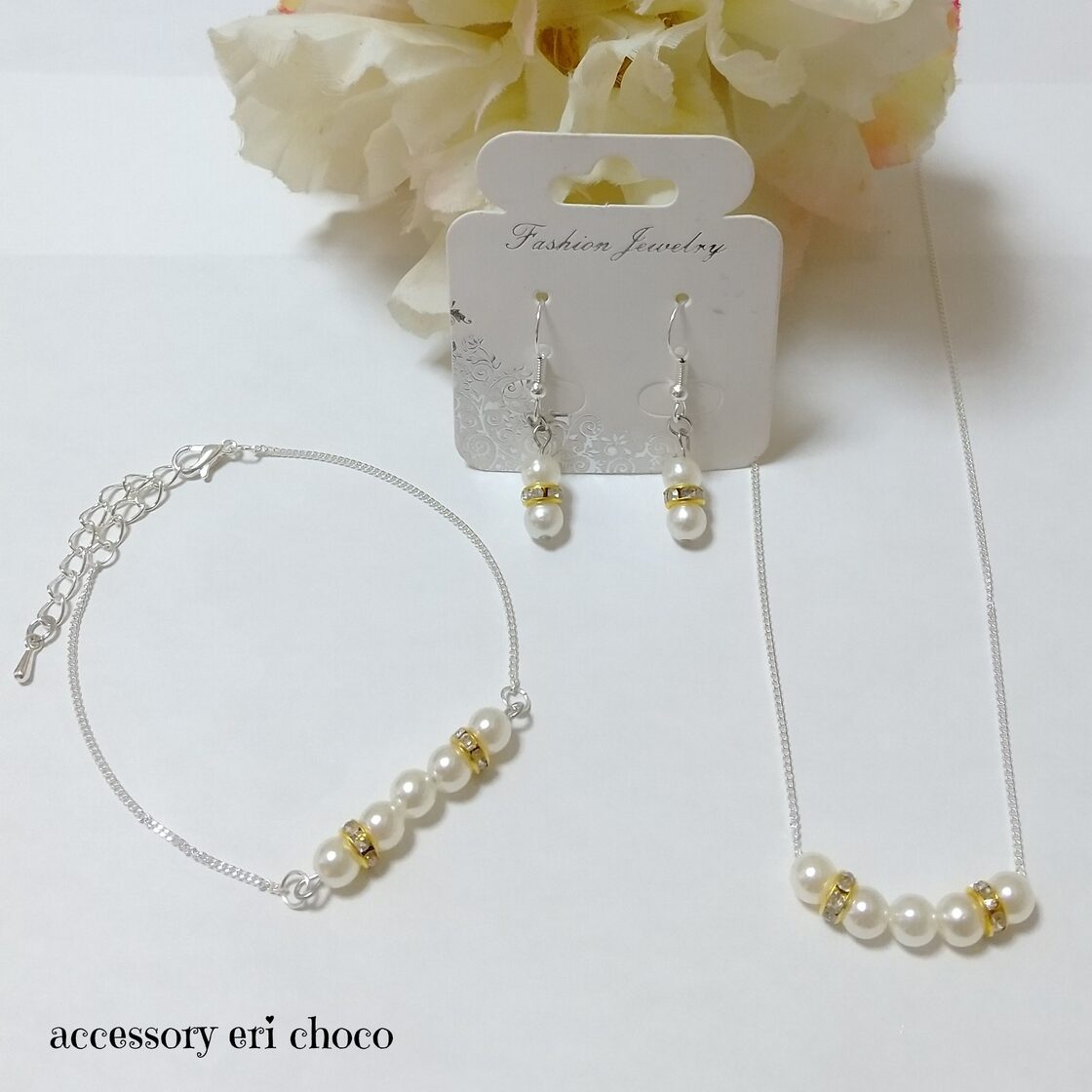 ▷フォーマル3点セット♡パールのネックレス&ピアス&ブレスレット③ 