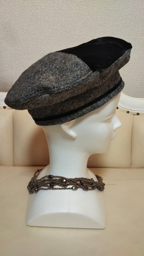 ツイードと黒ベルベットのクールなベレー ハンドメイド