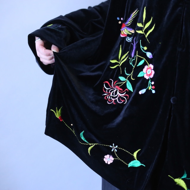 "花×鳥" 刺繍 full pattern over silhouette special velours shirt