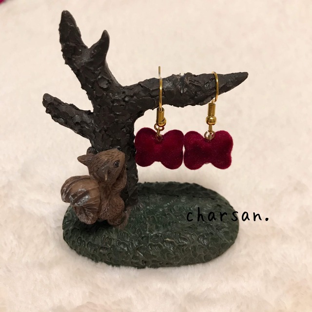 ベロア リボンピアス【赤】