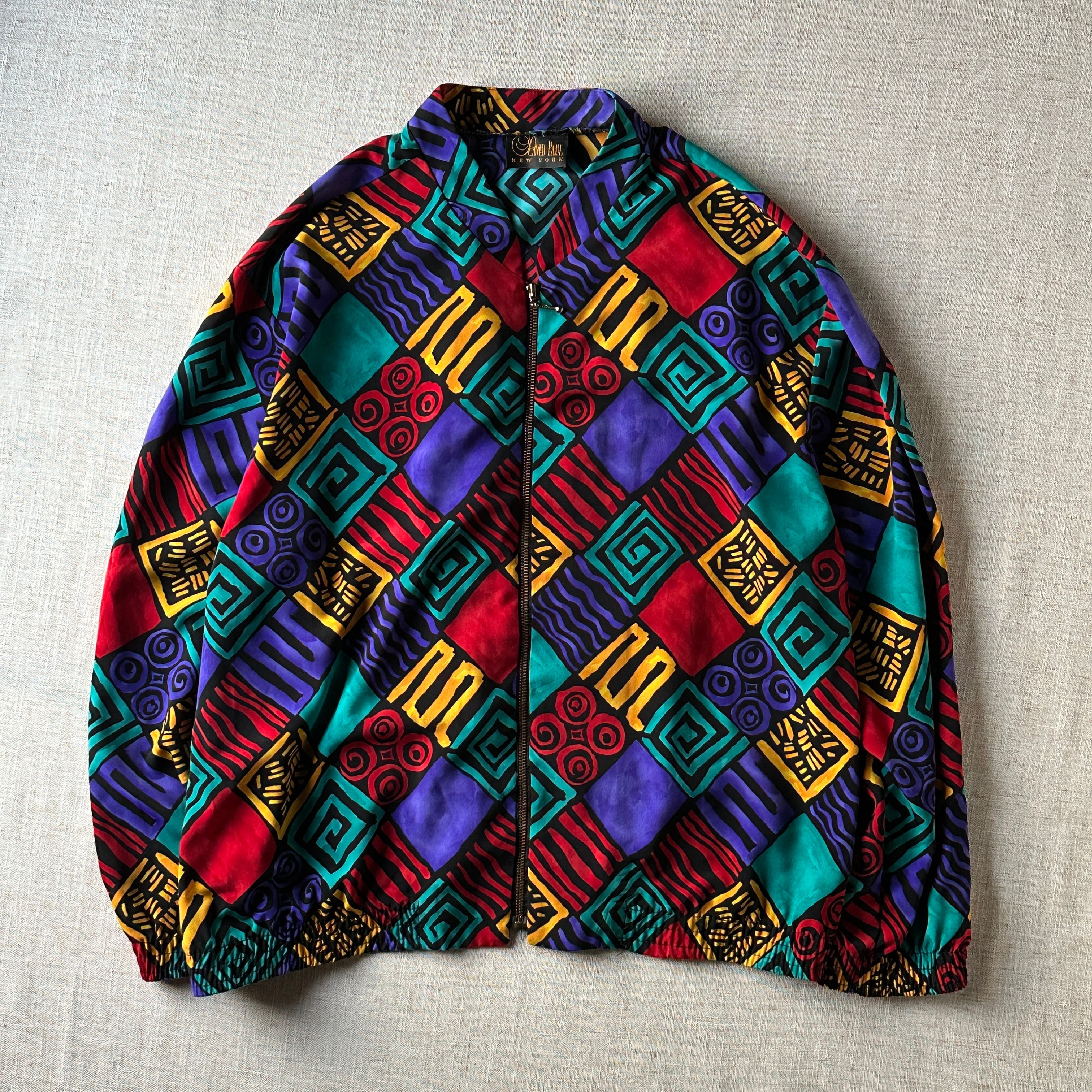 80s-90s Geometric Pattern Zip Blouson Unisex L