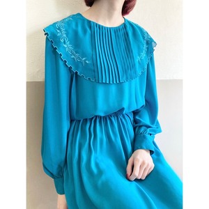 Turqoise Blue Pleated Wide Collar Sheer Dress
