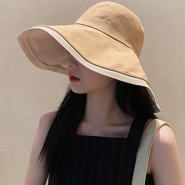 帽子 ツバ広 ハット レディース リバーシブル 2WAY 女優帽子 UVカット アウトドア 日焼け防止 紫外線 カラバリ豊富 ブラック/カーキ ベージュ 女優帽 こなれ感 お洒落 トレンド