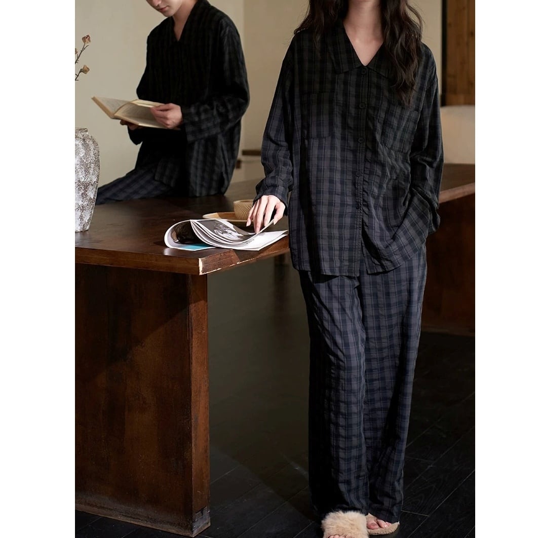 【M-2XL】monotone check cardigan style pajamas p1703