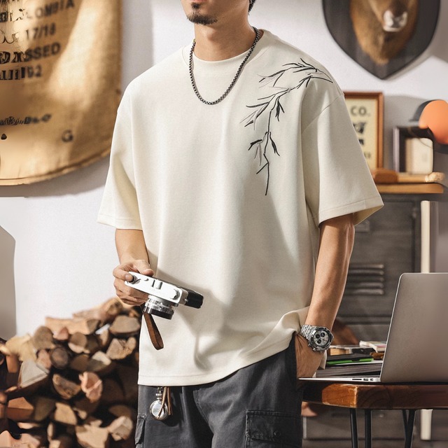 植物柄刺繍 ボックスシルエットオーバーサイズTシャツ 00538