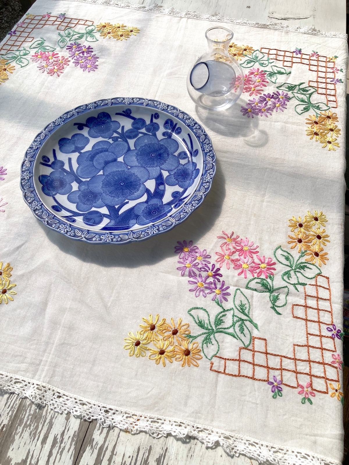 ヴィンテージ 生成り ハンドステッチ 刺繍 正方形 テーブルクロス 
