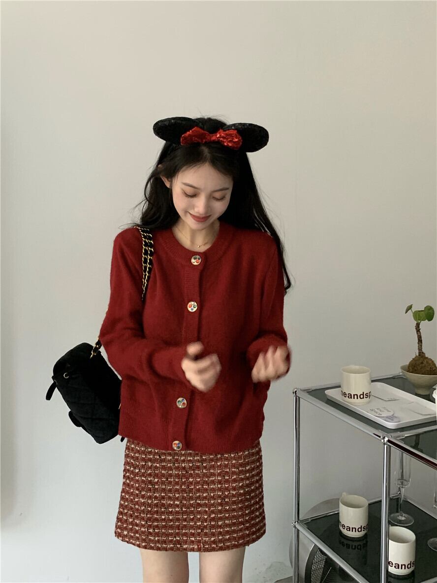 セーター カーディガンジャケット スタンダードレッドルーズニット スプリングトップス レトロ 春物 ブラックストロベリース81061202826