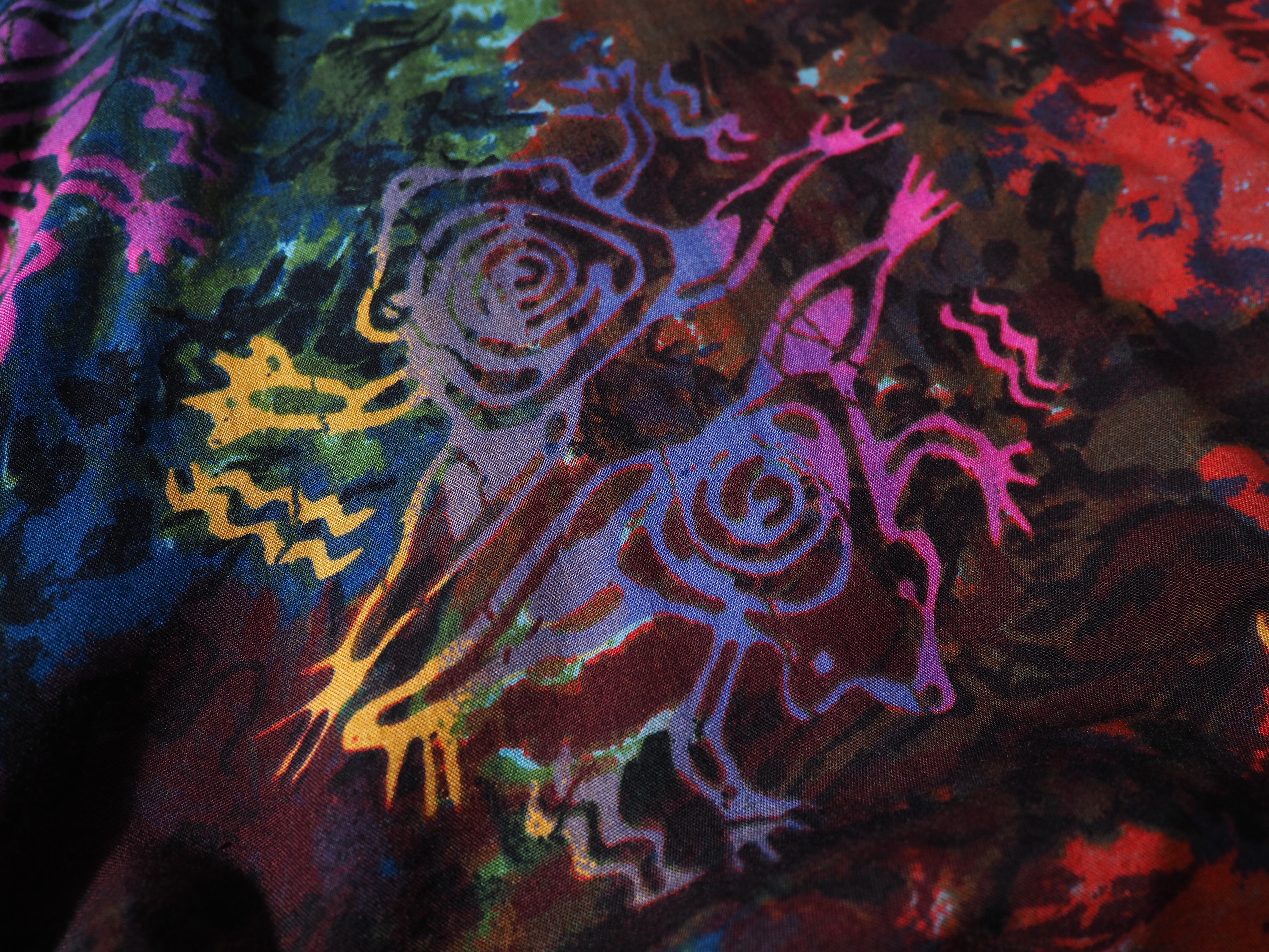 Eethnic richly colored design open collar rayon shirt