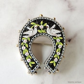 イタリアアンティーク マイクロモザイク つがいの鳩 ホースシュー ブローチ