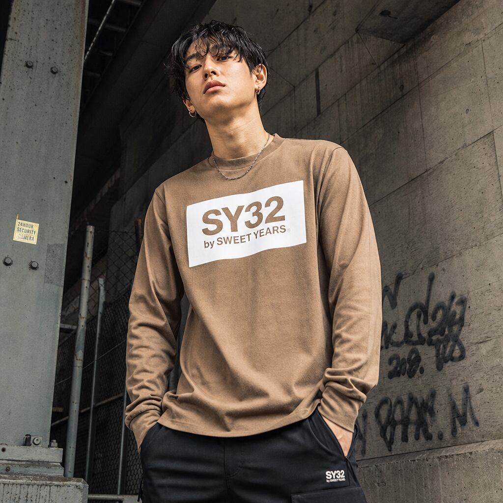 速乾快適ロゴデザイン長袖Tシャツ|SY32 by SWEET YEARS エスワイサーティトゥー バイ スウィートイヤーズ FLOCKY BOX LOGO FLEECE L/S TEE メンズ ブラウン 15512j