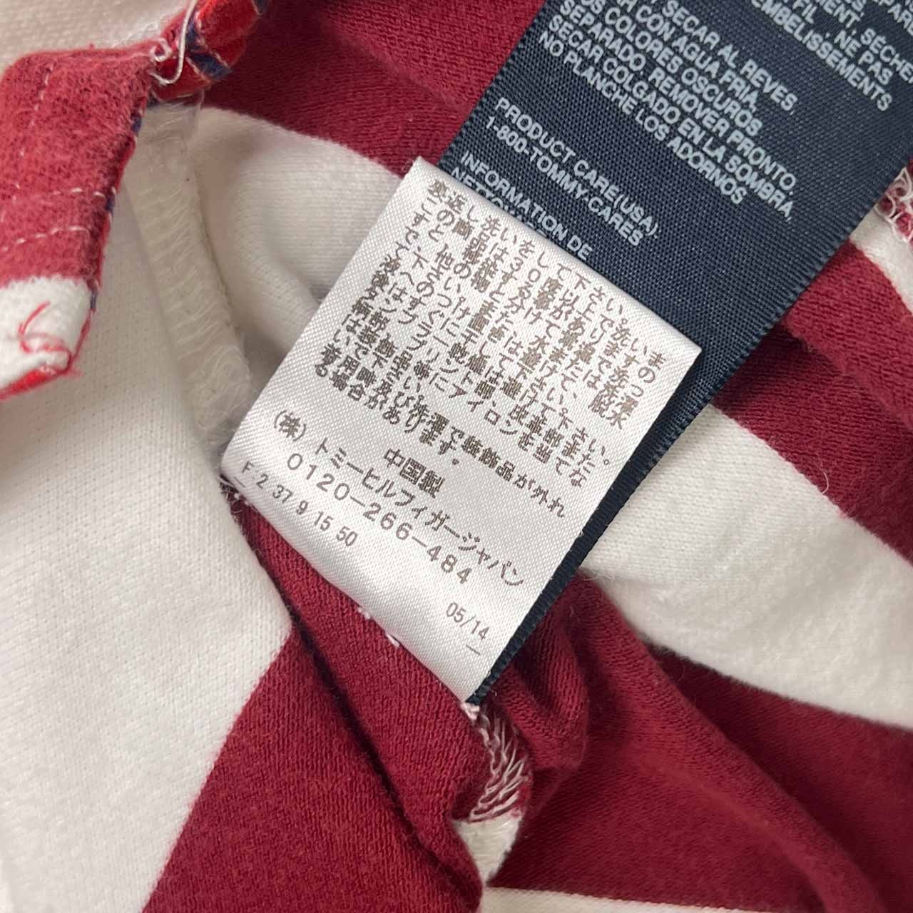 TOMMY HILFIGER トミーヒルフィガー ボーダー ラインストーン 半袖 ポロシャツ L/ボルドー×ホワイト レディース