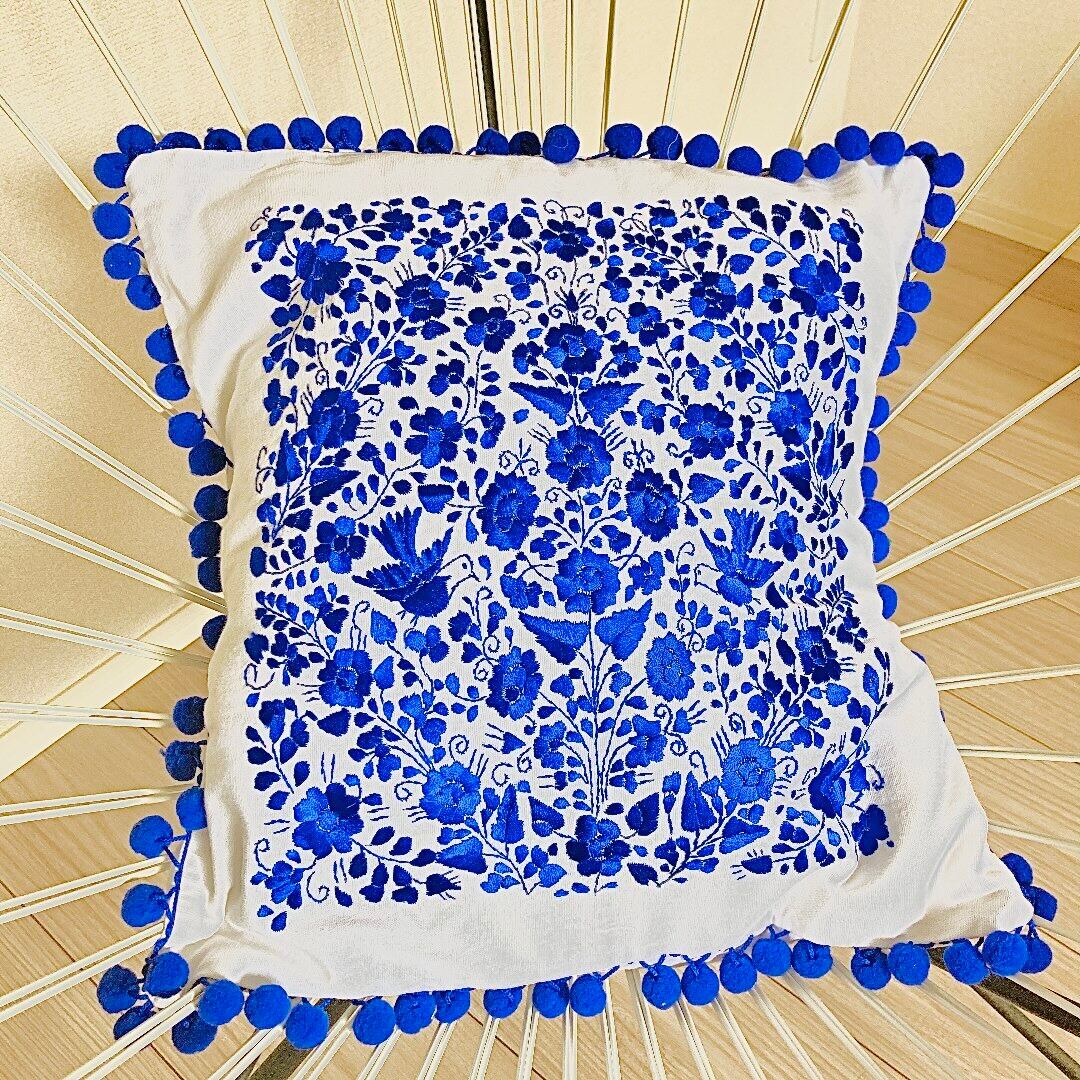 クッションカバー メキシコ刺繍 ブルー×ホワイト メキシコ雑貨 クッションカバー メキシコ刺繍 ブルー×ホワイト メキシコ雑貨