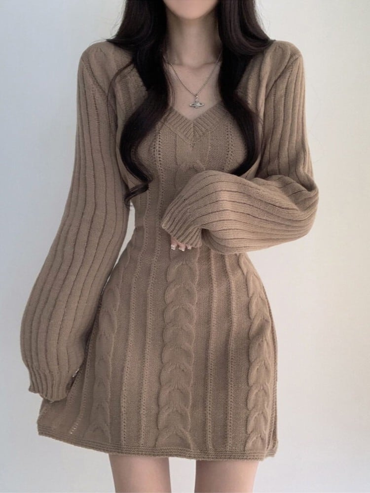 バブルスリーブ ケーブル編みミニニットワンピース | Lily Boutique