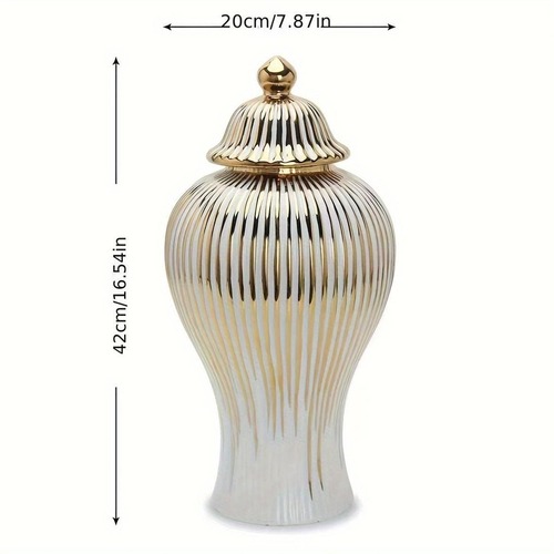花瓶 蓋付き 高さ42×幅20cm ストライプ デザイン ゴールド ホワイト ゴージャス アールデコ フラワーポット ホワイト おしゃれ インテリア デスクトップ装飾 玄関装飾 リビング装飾 オブジェ