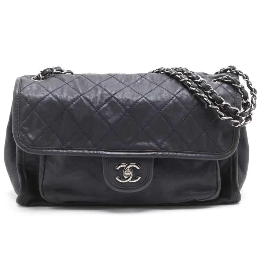 Extremely Rare ◇ CHANEL Matelassé Leather Single-Flap Double-Chain Bag with Turnlock Clasp, Navy with Gold Hardware, 13875684