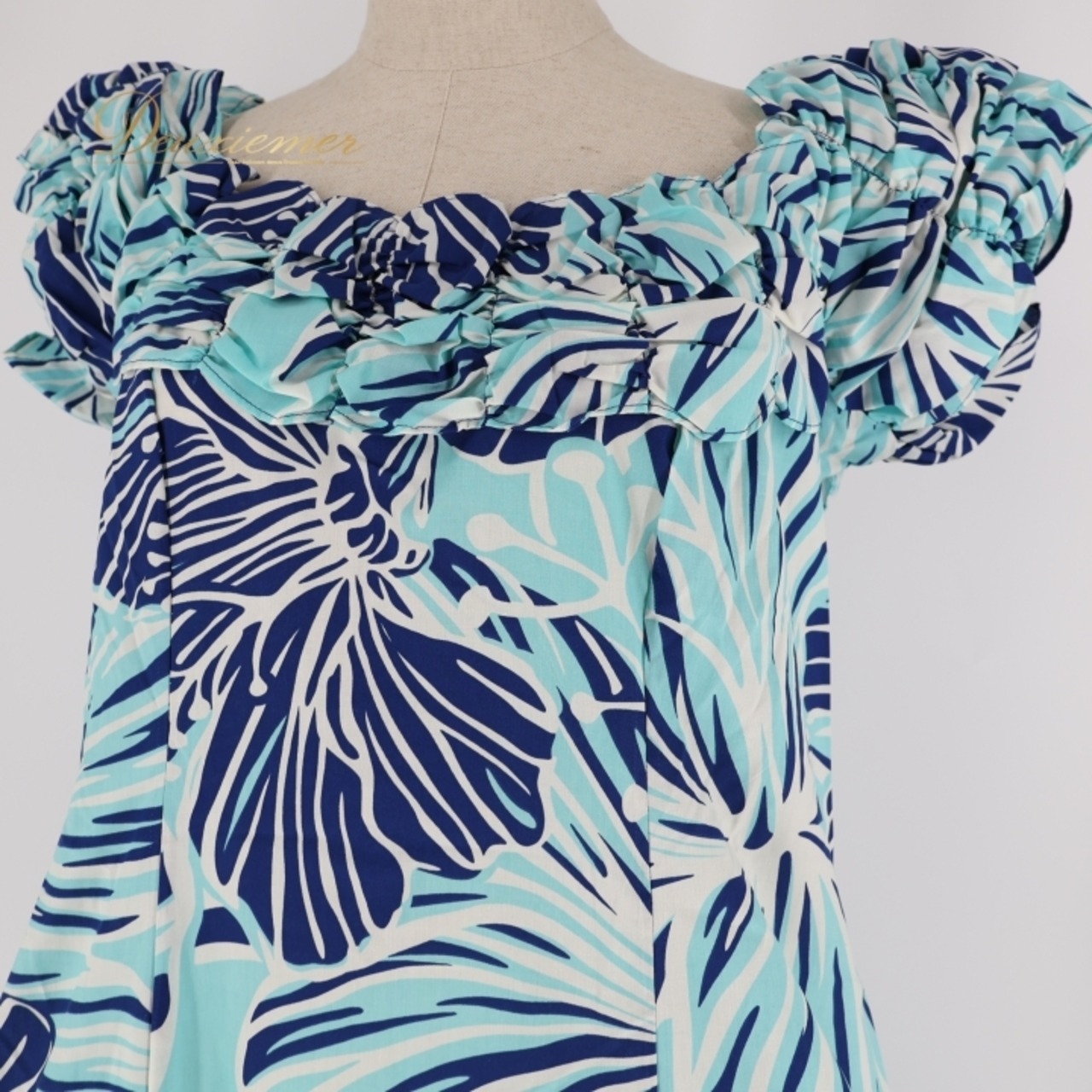 フラダンス 衣装 ワンピース ドレス CC Fashions ブルー系 ハワイ製 ノースリーブ フリル ハイビスカス柄 かわいい 華やか 鮮やか 明るい 爽やか ハワイアン アロハ ハワイアンプリント フラ ダンス レッスン 練習 青系