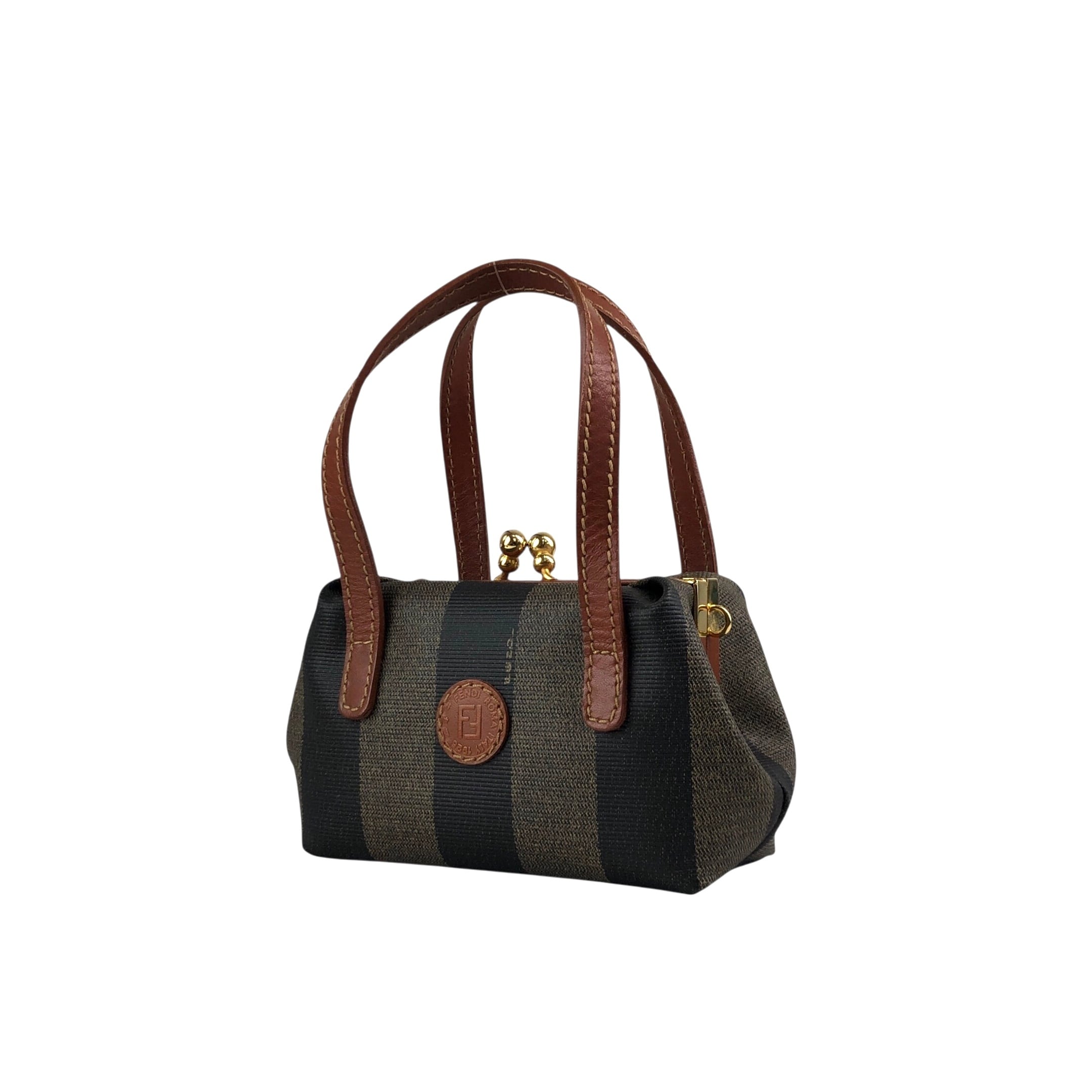 【FENDI】トートバッグ　ペカン柄　ロゴ型押し　レザー　キャンバス　ブラウン FENDI フェンディ ペカン ショルダーバッグ ブラウン ロゴ型押し PVC