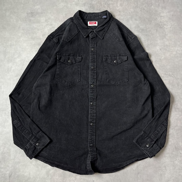 ラングラー デニムシャツ ブラック 古着 ロゴ Wポケット XL 黒 17238