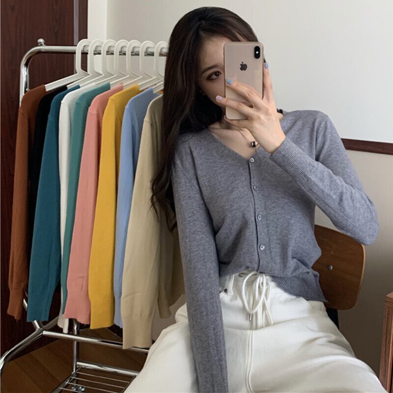 ベーシックソリッド カラーニットカーディガントップス レディースオータムスリムセーター ロング 秋物 ソリッドカラー ガールズファッション22226969026