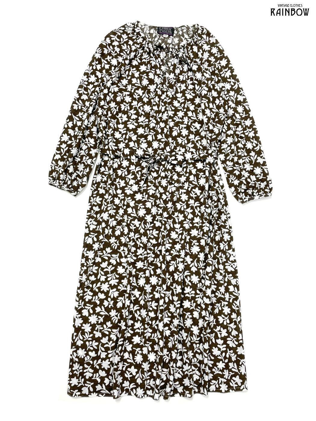 インゲボルグ 花柄 ベルト付 Aライン ロングワンピース 長袖 丸襟