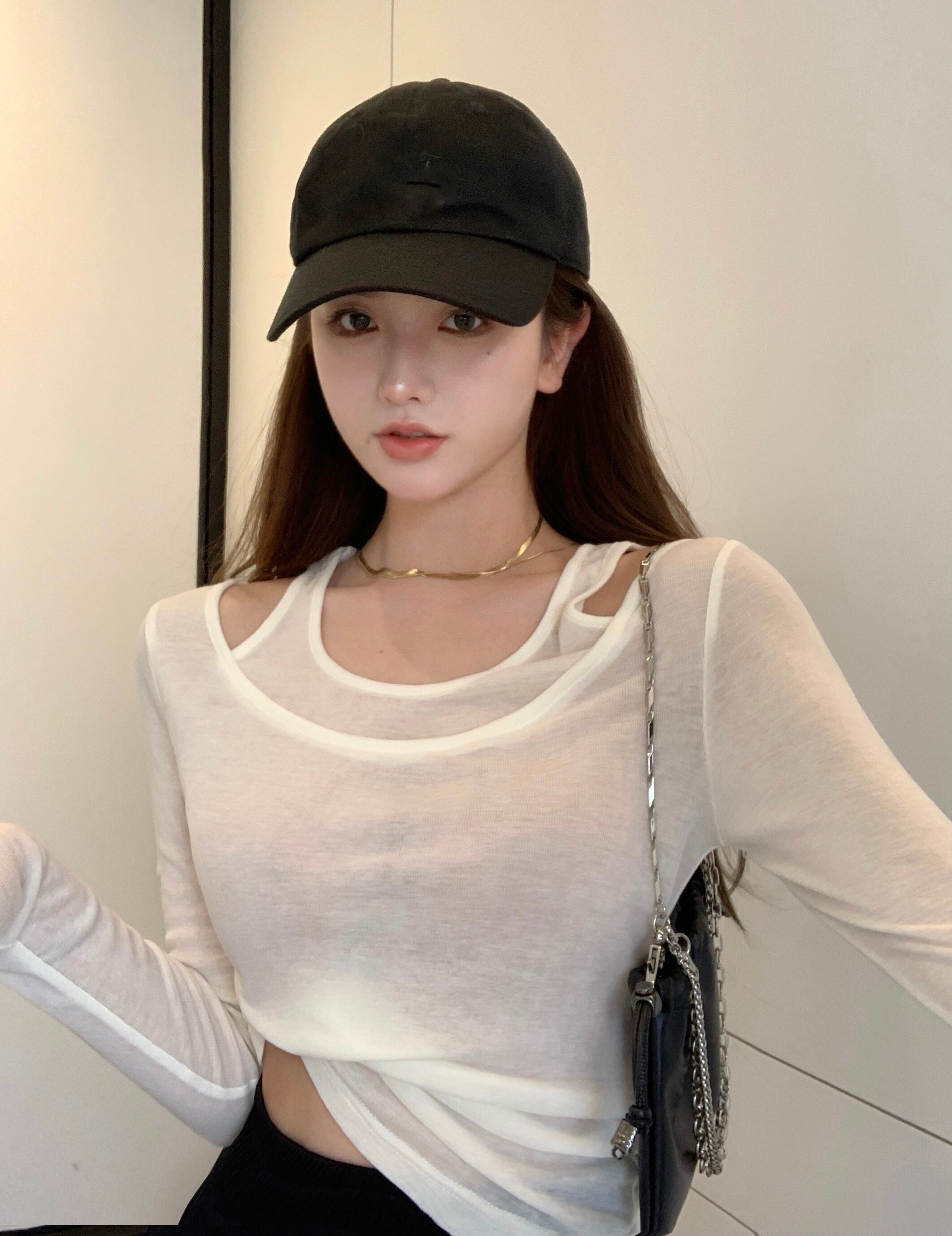 サマースリム薄手ショートトップス ロング シャツ 夏物 オフショルダー Tシャツ ブラックストロベリース99111463126