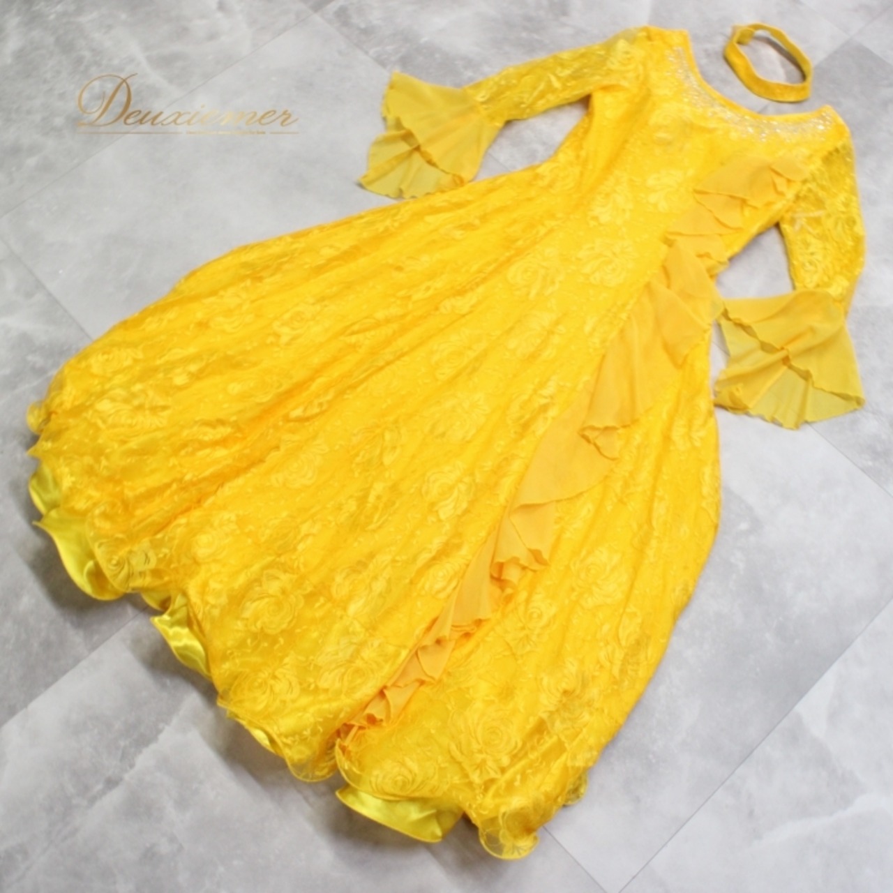 社交ダンス 衣装 スタンダード ドレス ワンピース パーティドレス prima boutique プリマブティック 黄色 花柄 長袖 イエロー系 鮮やか 存在感 ラインストーン レース フォーマル おしゃれ ダンス衣装 結婚式 祭典 服装 女性用 体型カバー セクシー フリル