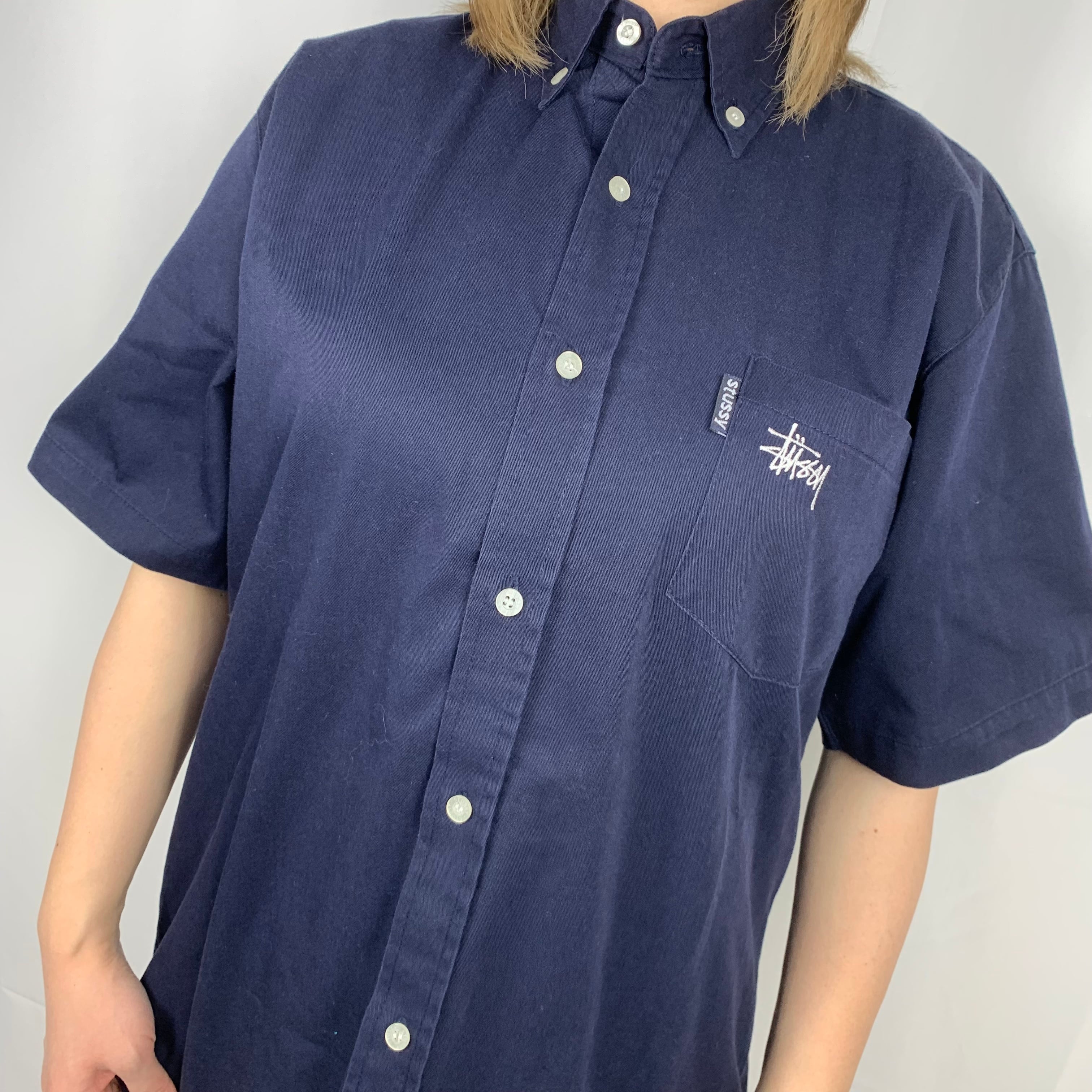 STUSSY ステューシー Tシャツ サイズ:M 90s OLD STUSSY オールドステューシー 紺タグ ブランドロゴ クルーネック 半袖 Tシャツ USA製 ブルー系 トップス カットソー 90年代  【メンズ】