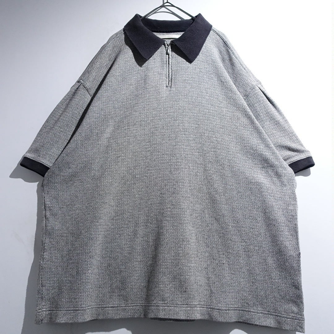 90s "PERRY ELLIS" Monotone Geometric Half-Zip Cotton Knit Polo