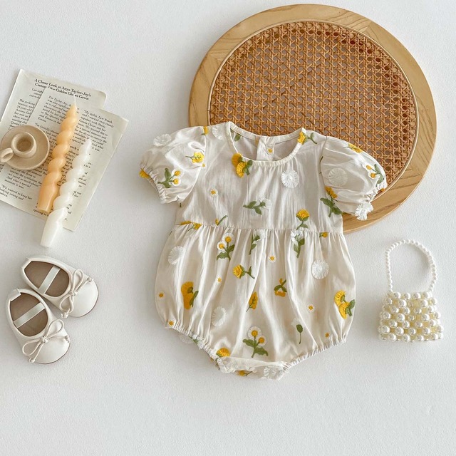 【BABY】タンポポフラワー刺繍パフスリーブロンパース - 3