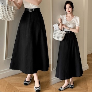 スカート レディース プリーツスカート ロングスカート デニムスカート Aライン マキシ丈スカート ポケット ウエストゴム きれいめ 大人 おしゃれ レトロ 大人女子 エレガント 春 夏 秋 通勤 デート お出かけ 休日 旅行 普段使い 定番 送料無料 S M L XL ブラック カーキ アプリコット