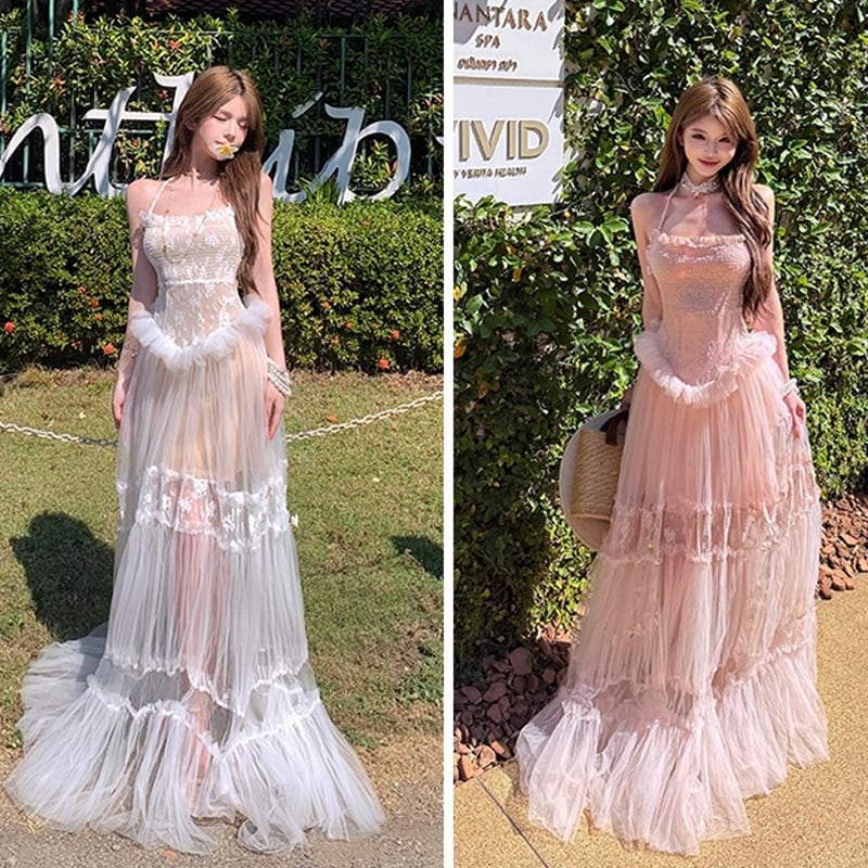 【dress】ホルターネックシアーチュールティアードワンピース Q8484