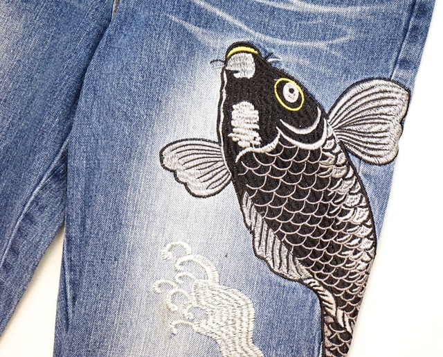 122 雅結 和柄ジーンズ 刺繍 鯉 古着 メンズ ジーパン 中国製 