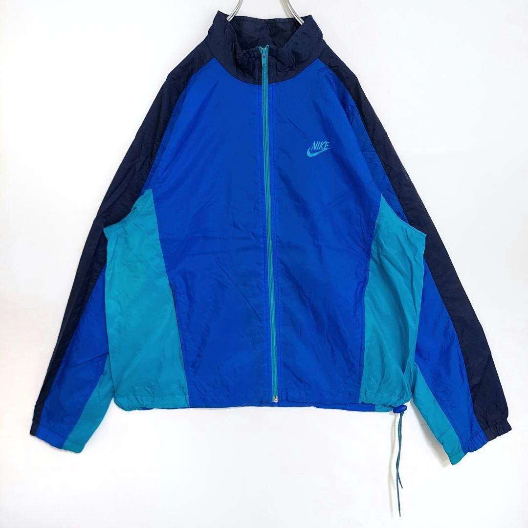 90s NIKE ナイキ ロゴ刺繍ナイロンジャケット L ブルー水色 ネイビー  