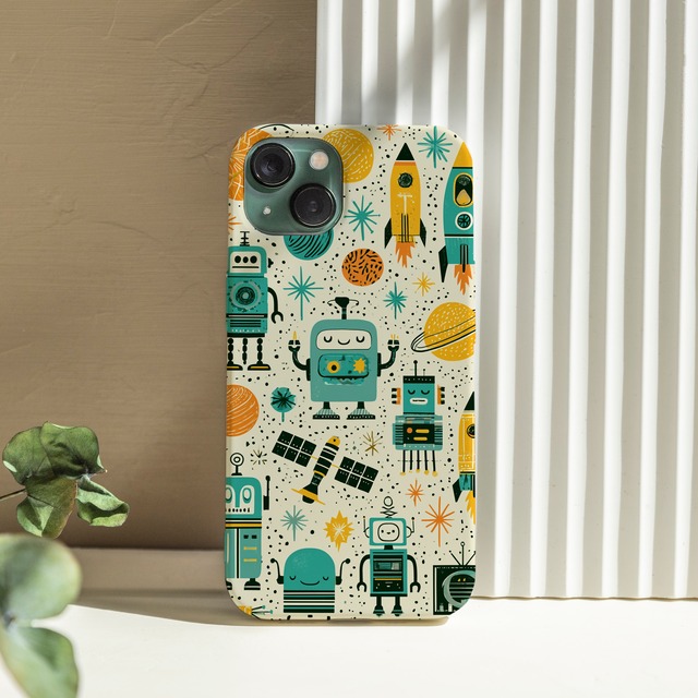 受注生産 iPhoneケース ロボット総柄のレトロ宇宙柄｜ロボット柄 RFSP058B