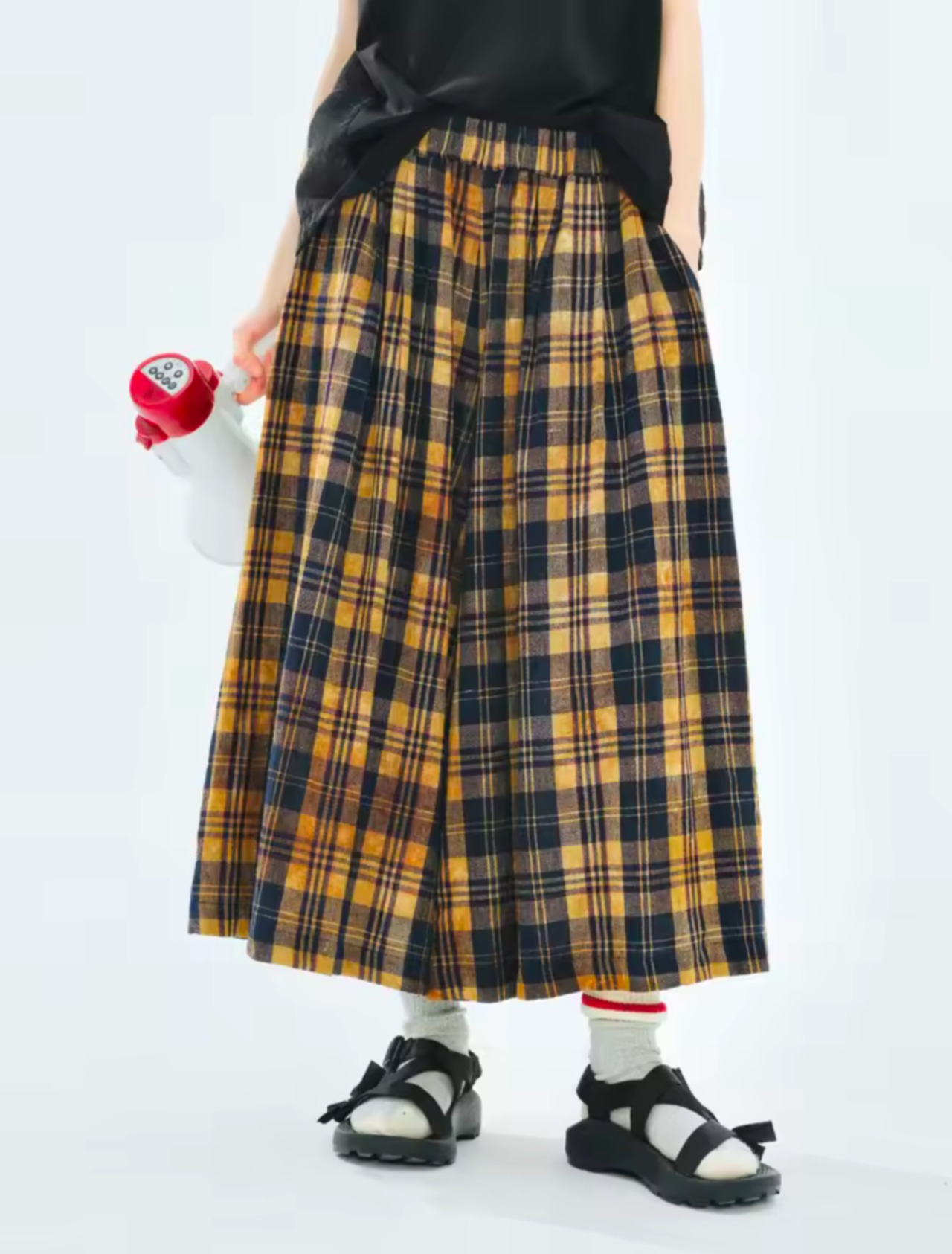 imakokoni イエローカラーオリジナルチェックワイドパンツ 255089