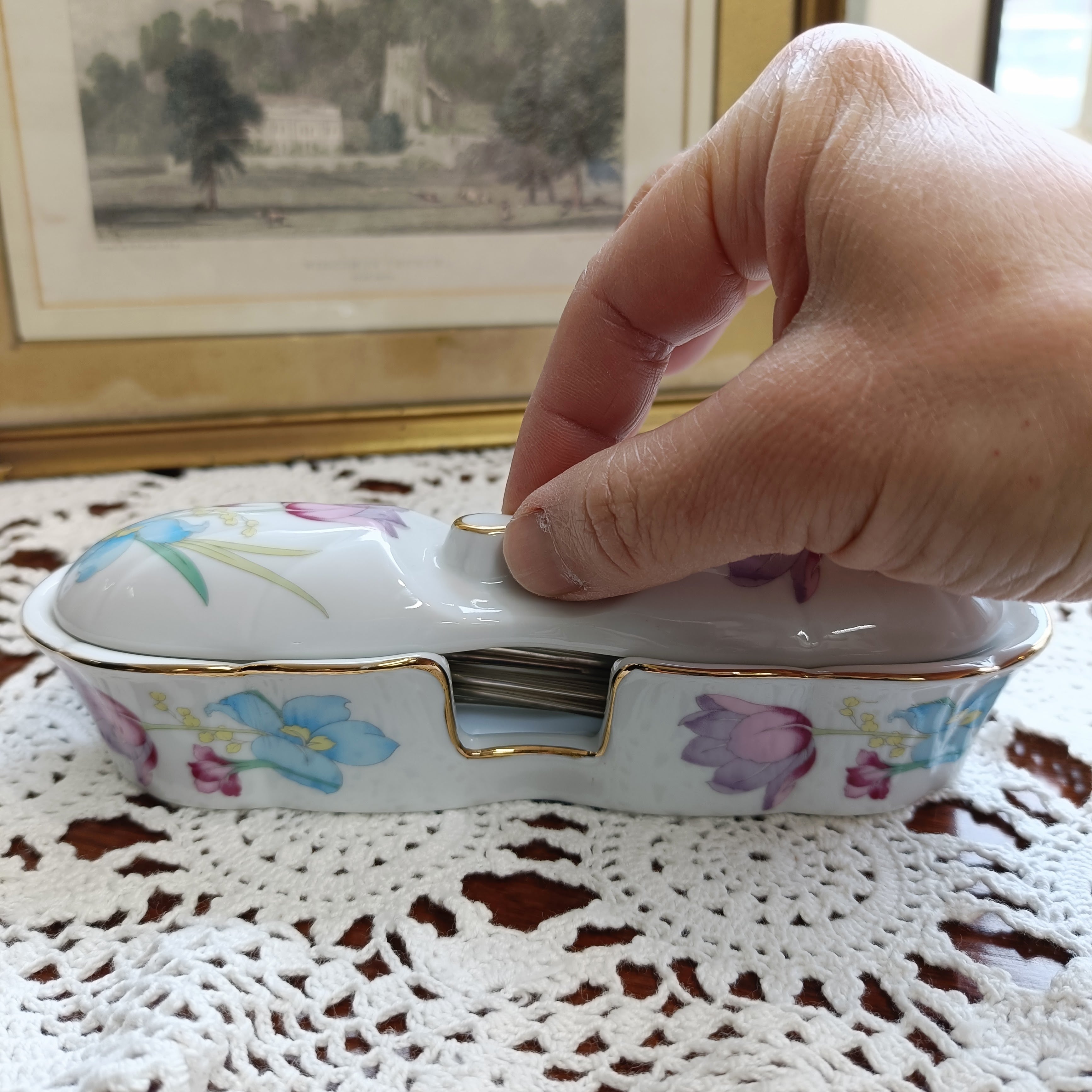 wedge woodトランプケース 花柄陶器小物入れ 2仕切り付き wedge wood