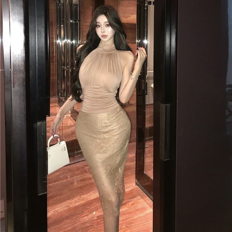 【set】ホルターネックトップス×スカートセット M32930