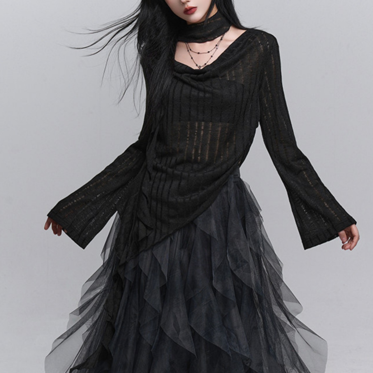 Lightweight openwork turtleneck top (ME345)