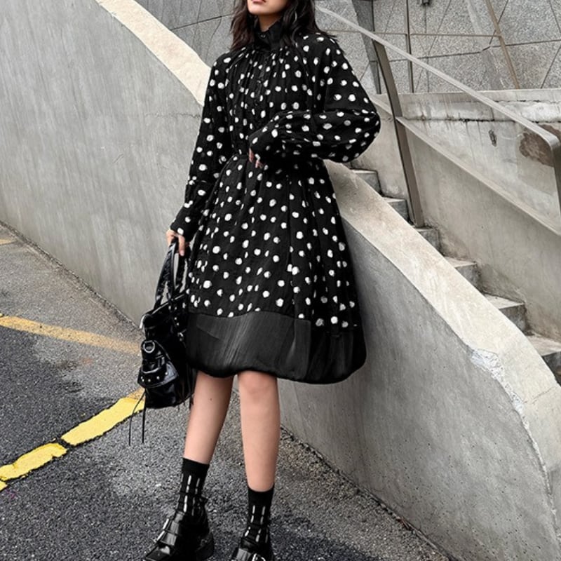 水玉柄 ベルト付き 長袖 シャツワンピース 1color ON1026