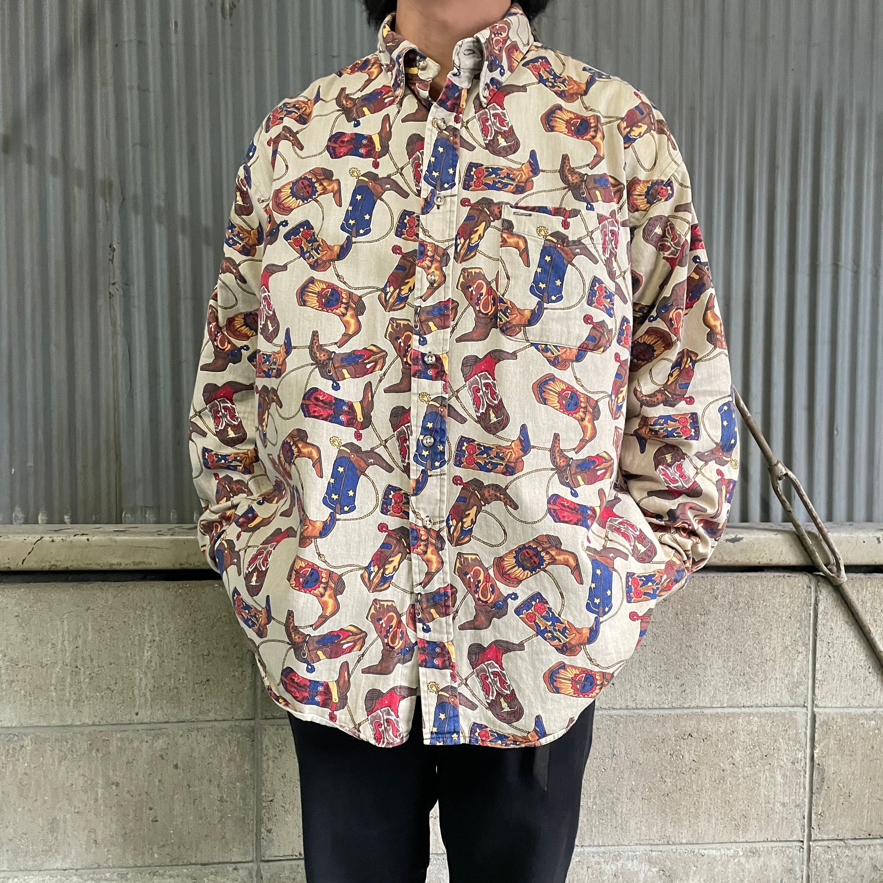 USA製 MAREH ウエスタンブーツ 総柄シャツ メンズXL 古着 ベージュ  