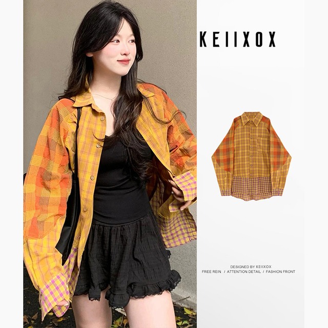 【KEIIXOXシリーズ】★シャツ★ トップス レディース 長袖シャツ チェック柄 イエロー 黄色い