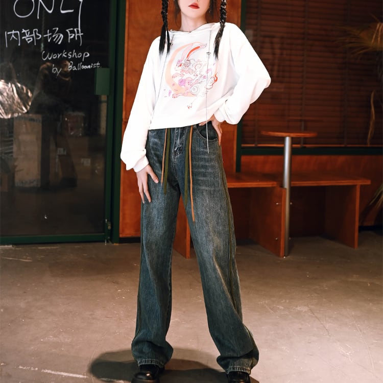 サブカル 服 地雷系 通販 チャイナ風服 チャイナ風服 古怪舎 デニム ストレート パンツ ウォッシュ加工 紐パンゴシック サブカル服