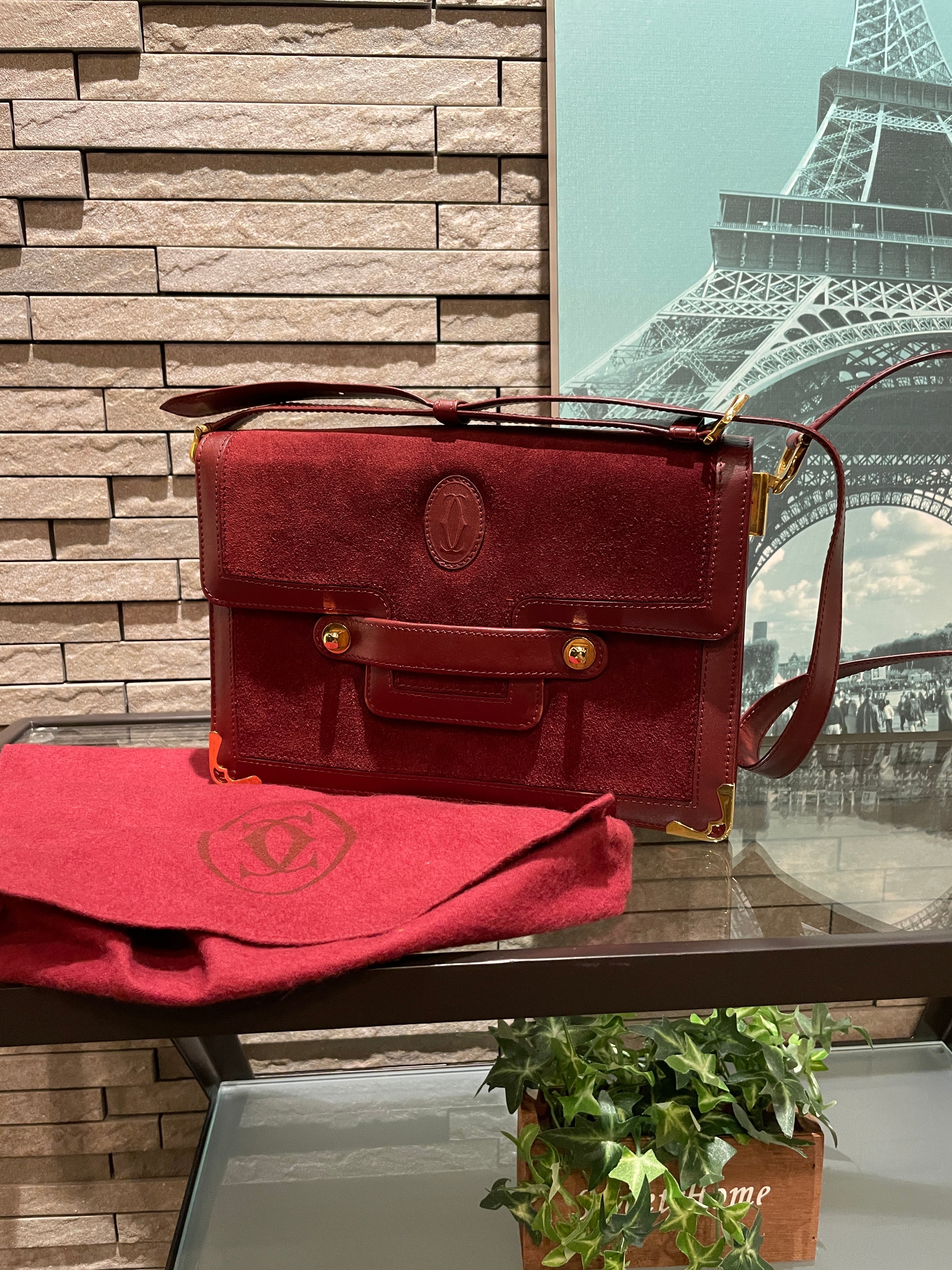 カルティエショルダーバッグスエードボルドーマストラインビンテージ