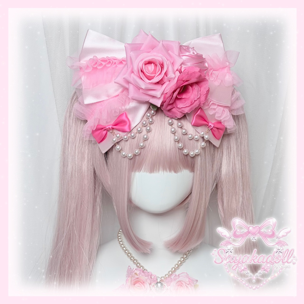 ♡【全2色】姫GAL 薔薇付き パールチェーンフリルBIGリボンヘアクリップ pink ♡