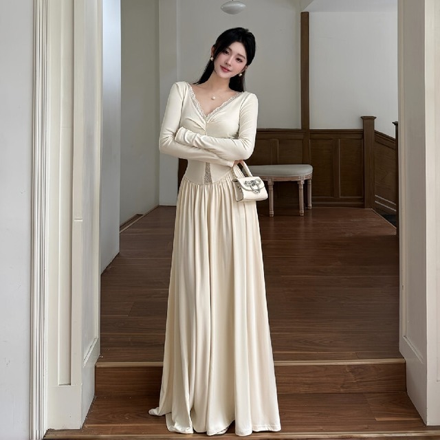 ロングワンピース Vネック 長袖 レース エレガント ベージュ S M L