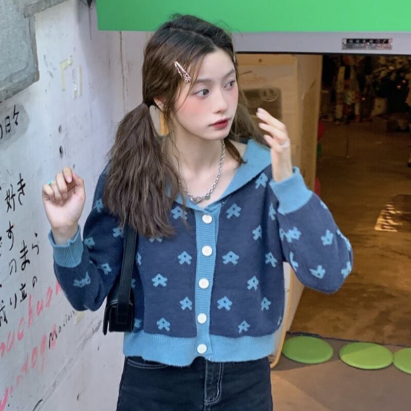 スタンダードスタイルネイビーカラーニットカーディガンセーター コート オータムルーズトップス ロング レトロ 秋物 フラワーデザイン 萌量不足25663348264