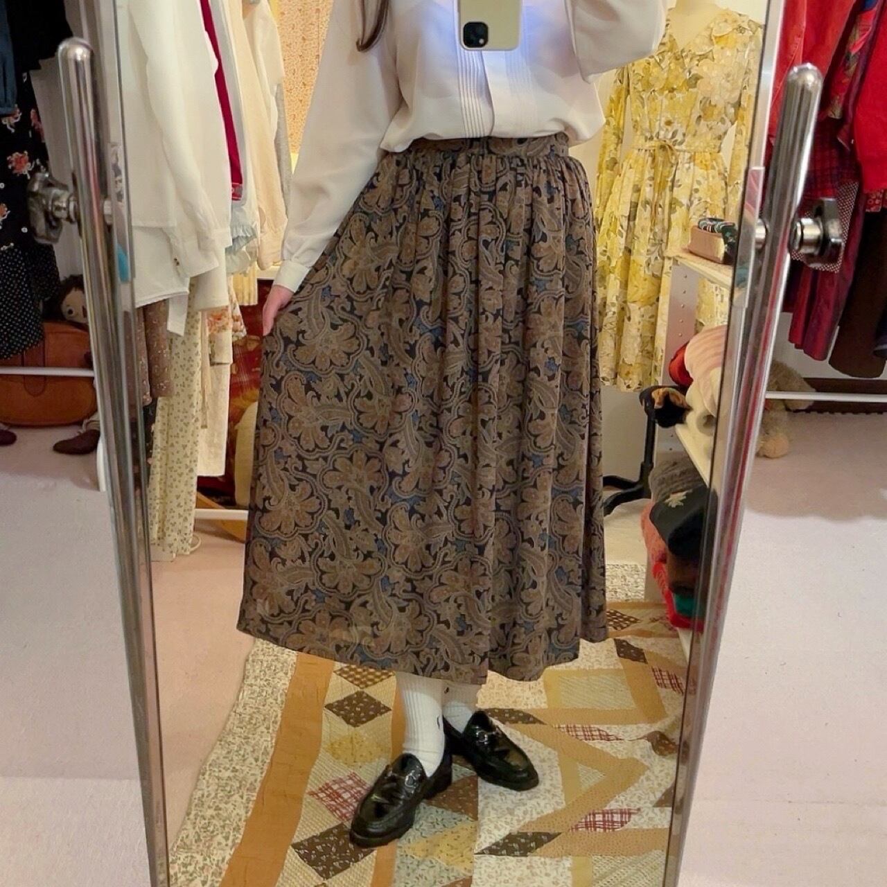 navy beige botanical flare skirt