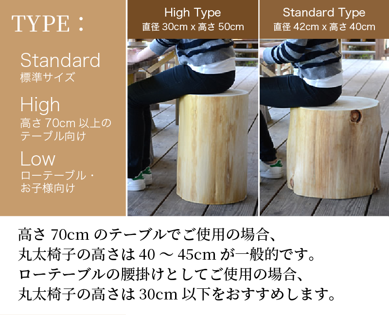 国産杉丸太椅子 ロータイプ（高さ35cm） | 丸太いす工房 麦屋 powered